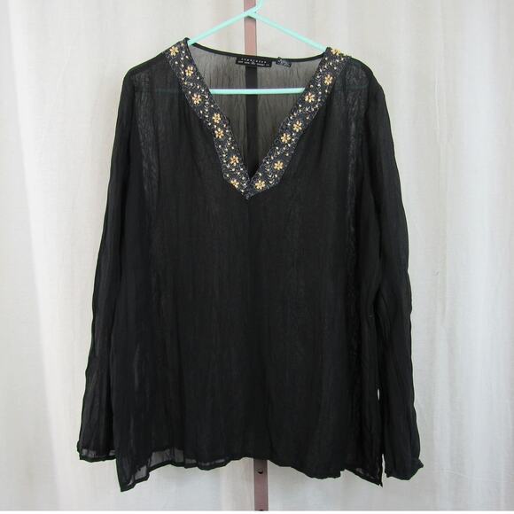 Separates By NYC Design Co. XL Black Crinkle Long Sleeve Blouse Beaded Sheer - Picture 1 of 7